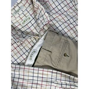 Orvis Men's XL Shirt Beige‎ Plaid & Orvis Khaki Dress Pants 38x33.5"